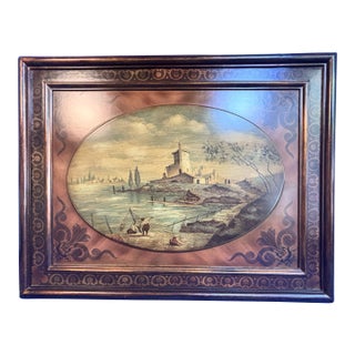 Vintage Italianate Capriccio Landscape Painting in Ornate Oval Inset Frame For Sale