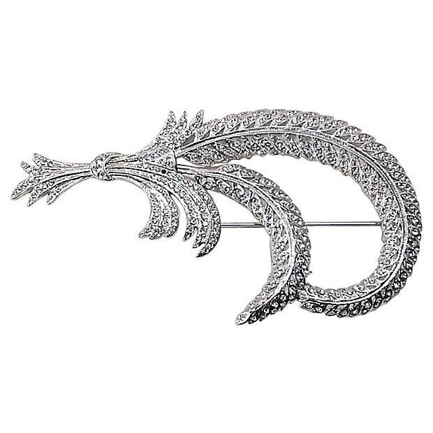 Art Deco Silver & Crystal Feathers Brooch For Sale