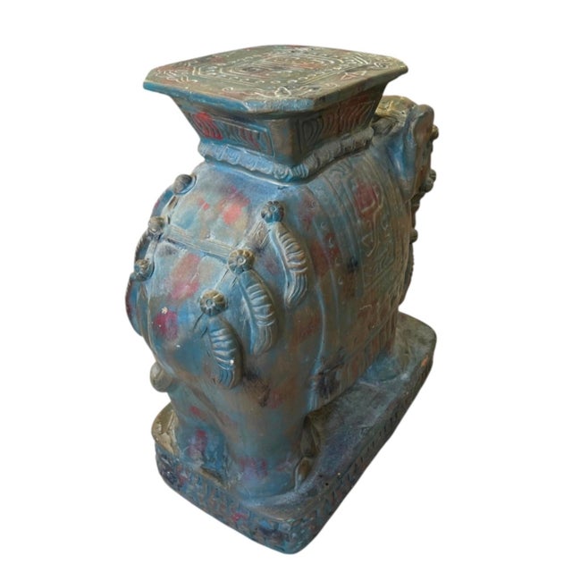 1990s Majestic Vintage Distressed Ceramic Elephant Garden Seat For Sale - Image 5 of 12