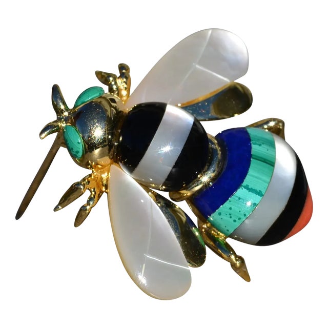 Asch Grossbardt Signed 14K Yellow Gold Bee Brooch set with Mother of Pearl, Onyx, Coral, Malachite For Sale