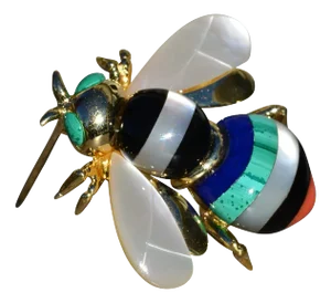 Asch Grossbardt Signed 14K Yellow Gold Bee Brooch set with Mother of Pearl, Onyx, Coral, Malachite