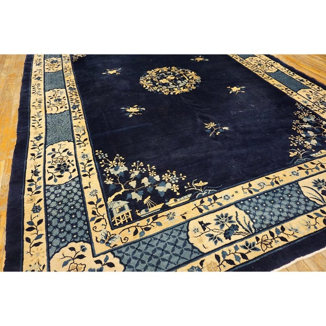 Chinese 1900s Blue Classic Greek Key Swastika Anitque Chinese Peking Wool Room Size Rug For Sale - Image 3 of 10