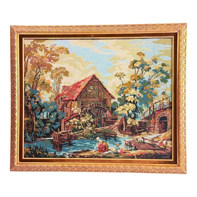 Vintage Needlepoint After François Boucher — Pastoral Mill Scene, Ornate Gilt Frame, Grandmillennial For Sale