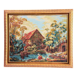Vintage Needlepoint After François Boucher — Pastoral Mill Scene, Ornate Gilt Frame, Grandmillennial
