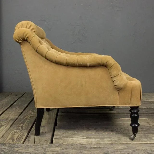 French 19th Century Tufted Suede Armchair With Purple Buttons For Sale - Image 10 of 11