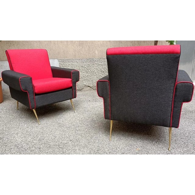 Set of Armchairs in Red and Black with Brass Legs, 1950s For Sale - Image 4 of 9