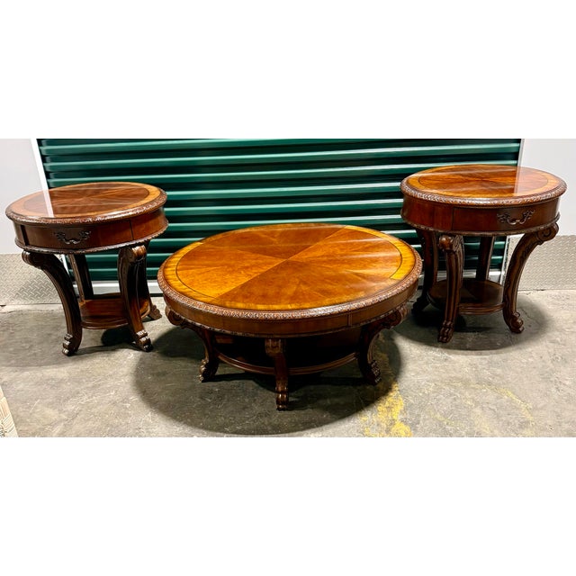 Wood A.r.t. Furniture Co. Round Coffee Table With Two End Tables For Sale - Image 7 of 12