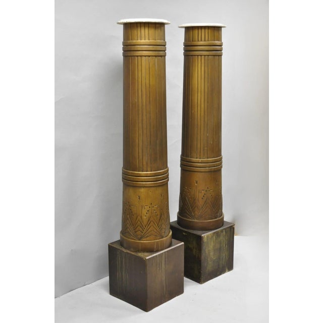 Antique Art Deco 75" Tall Wooden Pedestal Column Geometric Chevron Carved - Pair For Sale In Philadelphia - Image 6 of 18