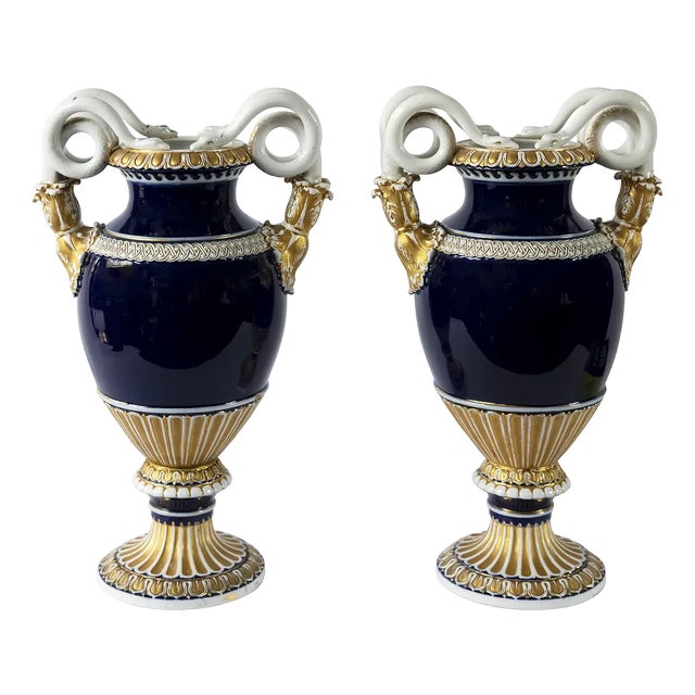 German Cobalt Blue Porcelain Vases by August Leuteritz for Meissen, 1890s, Set of 2 For Sale