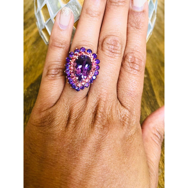 Metal 8.90 Carat Amethyst Sapphire Pear Cut Rose Gold Cocktail Ring Size 7 For Sale - Image 7 of 8