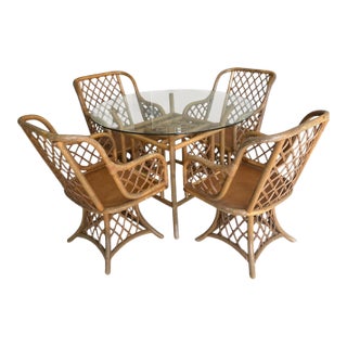 Mid 20th Century Rattan Latticed Dining Set With Glass Top Table For Sale