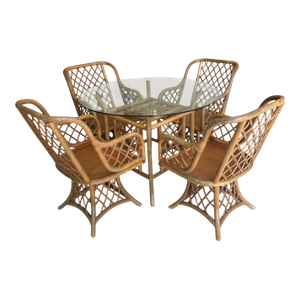 Mid 20th Century Rattan Latticed Dining Set With Glass Top Table