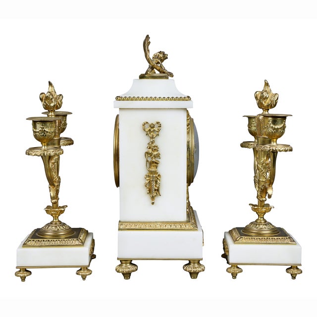 Louis XVI Style Marble and Bronze Clock Garniture - 3 Piece Set For Sale - Image 9 of 12