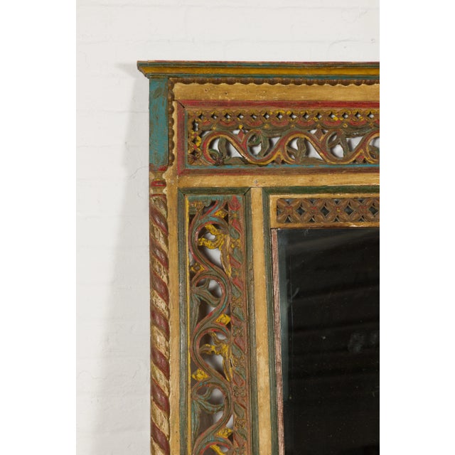 Antique Indian Polychrome Window Made into a Mirror with Richly Carved Décor For Sale In New York - Image 6 of 13