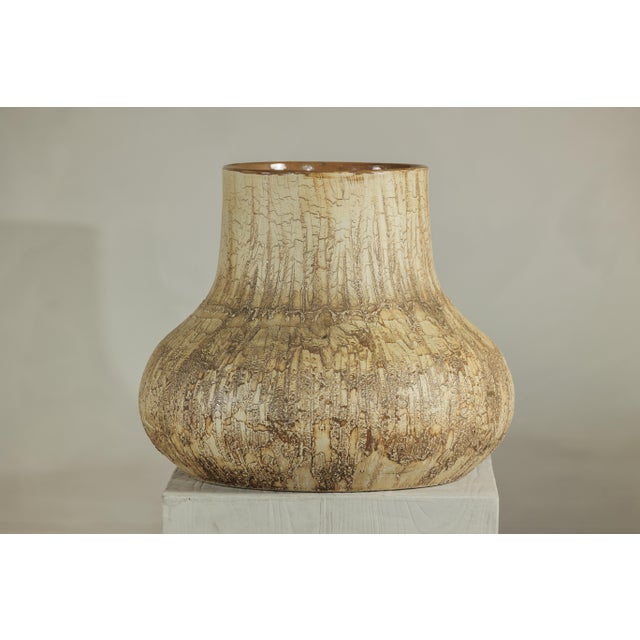 Ceramic Large Artisan Studio Ceramic Vase with Textured Cream and Earth-Tone Glaze For Sale - Image 7 of 18