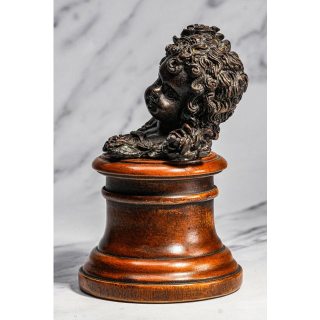 Classic Antique Bronze Cherub Bust Sculpture on Wood Pedestal Edwardian Putti Figure For Sale - Image 9 of 11