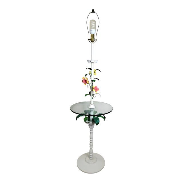 Vintage Hand-Painted Floral Tole Floor Lamp With Glass Table, Hollywood Regency For Sale