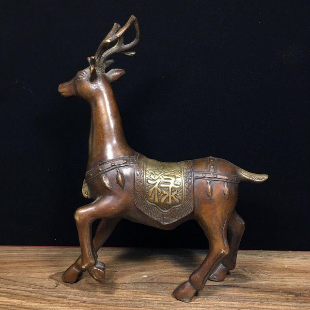 This charming pair of vintage deer figures is a beautiful example of Chinese-inspired metalwork. Crafted from bronze with...