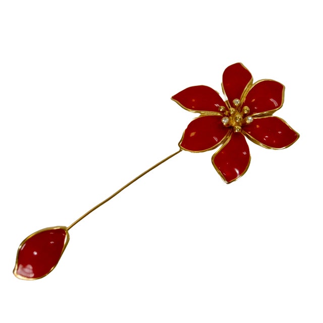 Givenchy 1980s Givenchy Signed Deep Red Enamel Gold Plated Clear Crystal Accents Stick Pin For Sale - Image 4 of 5