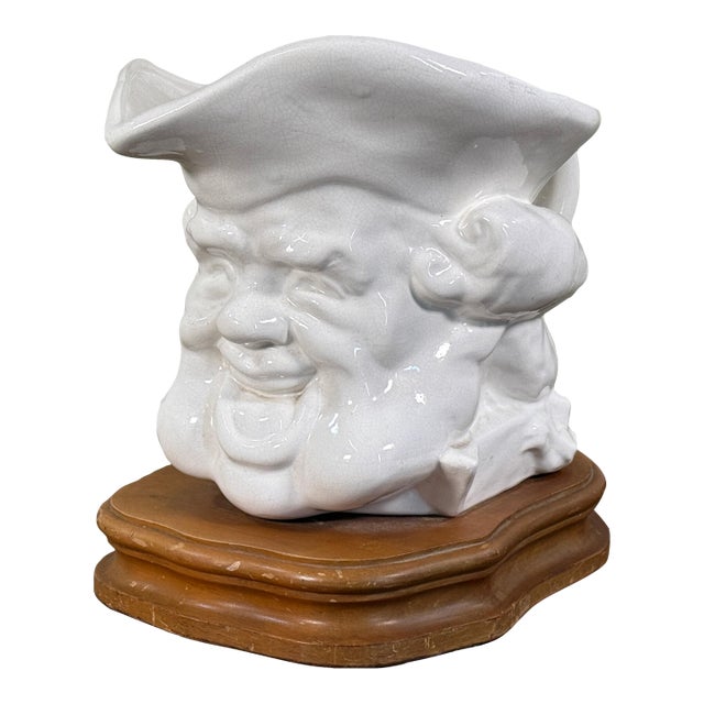 Antique English Toby Head Ceramic Table Lamp on Wooden Base For Sale