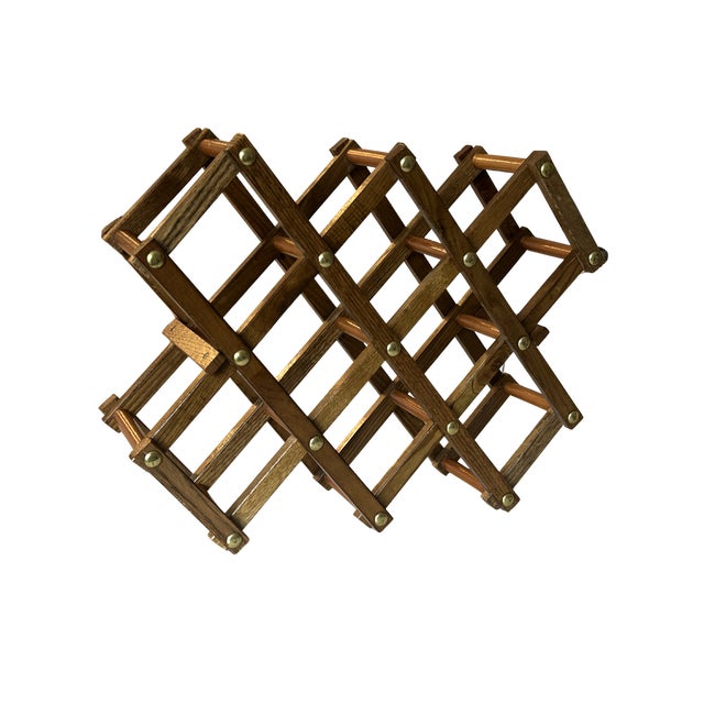 Mid-Century Modern Folding Wooden Wine Rack – Vintage Accordion Expandable Wine Holder With Brass Rivet Accents, Collapsible Bar Storage For Sale - Image 4 of 9