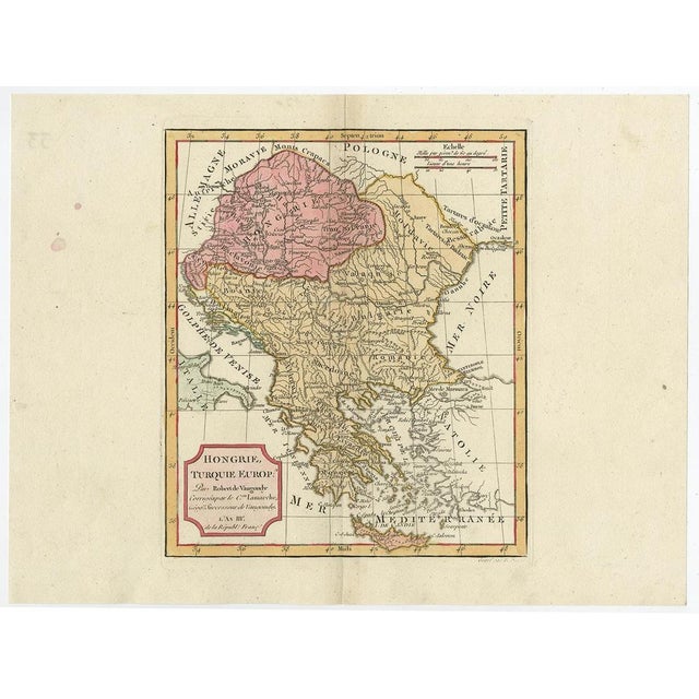 Antique map titled 'hongrie, turquie europe'. Decorative map of hungary, southeast european countries in the balkan...