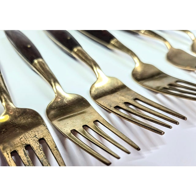 Brass Midcentury Rosewood and Brass Salad Forks- Set of Twelve For Sale - Image 8 of 11