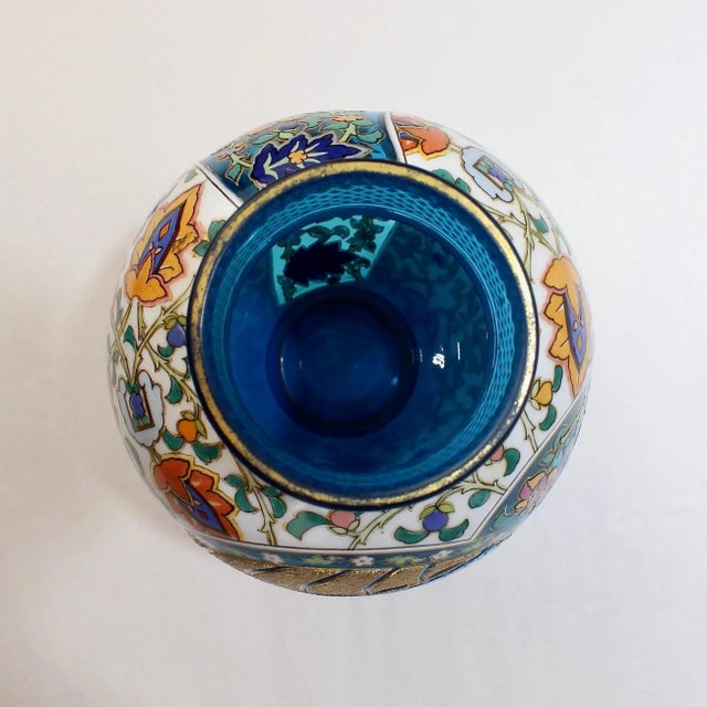 Glass Antique Bohemian Aesthetic Movement Cased Blue & White Enameled Cut Glass Vase For Sale - Image 7 of 9