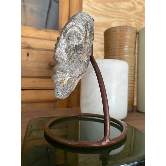Surrealist Carved Stone Face Sculpture Steel Base Tribal Style Raw Wood Pedestal For Sale - Image 11 of 17