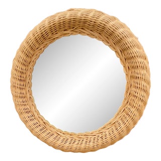 1970s Round Wicker Framed Mirror For Sale