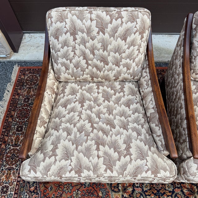 Mid Century Modern Sculptural Walnut Lounge Chairs in Tan & Beige Fabric With Foliage Patterns - A Pair For Sale In Philadelphia - Image 6 of 13