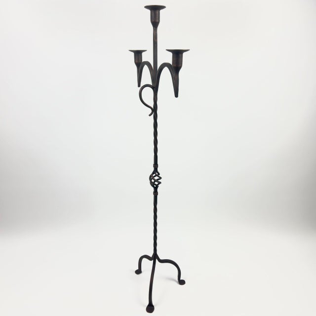 Black Hand Forged Iron Floor Candelabra 49″ (124cm) Antique Copper Patina 3-Arm Wide Base Stable Candle Holder Rustic Decor For Sale - Image 8 of 8