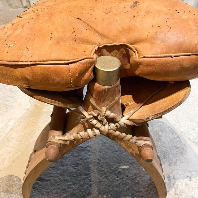 1960s Egypt Bohemian Distressed Saddle Leather Camel Foot Stool For Sale - Image 4 of 12