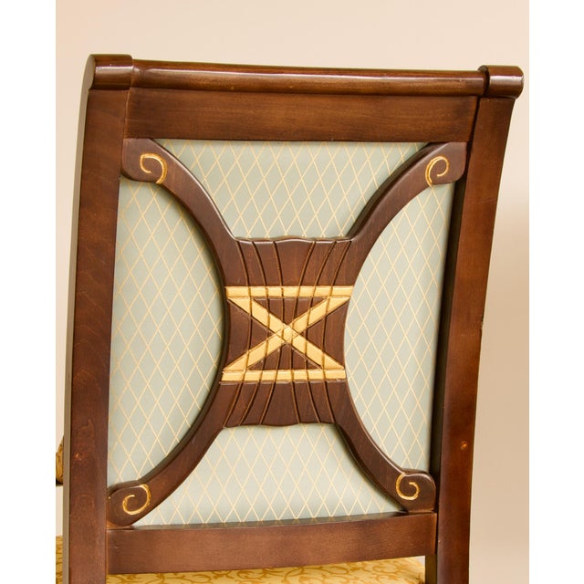 Shelby Williams Empire Style Hand-Carved Armchairs With Contrasting Fabrics, Gold Accents, Made in Usa by Shelby Williams For Sale - Image 4 of 8
