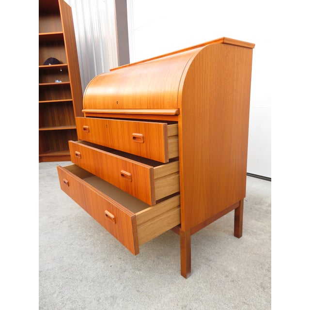 Wood Mid Century Swedish Teak Roll Top Secretary Desk by Egon Ostergaard ~ Scandinavian or Danish Modern Style ~ Vintage Dresser For Sale - Image 7 of 18