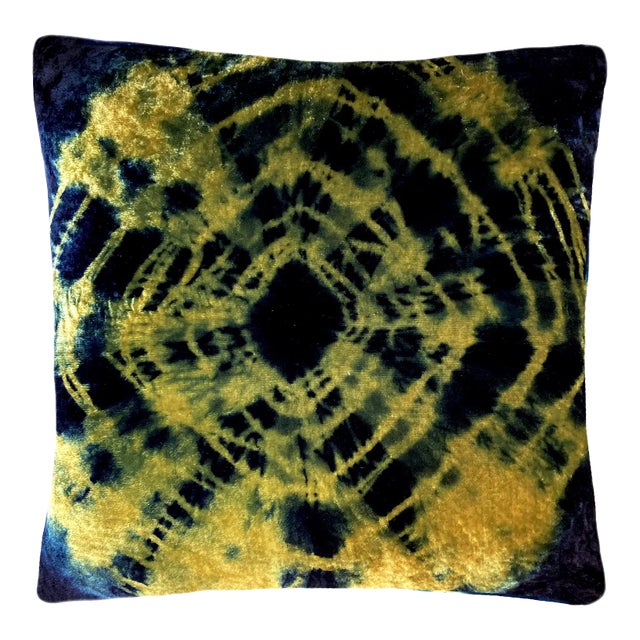 Rousseau Hand Dyed Silk Velvet Pillow, Gold & Indigo Halo Abstract Pattern For Sale