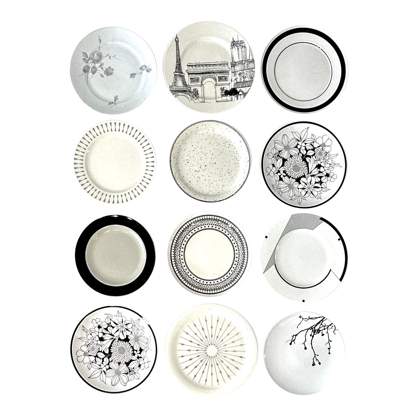 Multi-Style and Era Black & White Dinner Plate Curation - Group of 12 ...