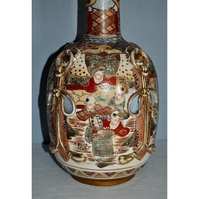 Gold Antique Japanese Satsuma Bottle Vase With Molded Ribbons For Sale - Image 8 of 11