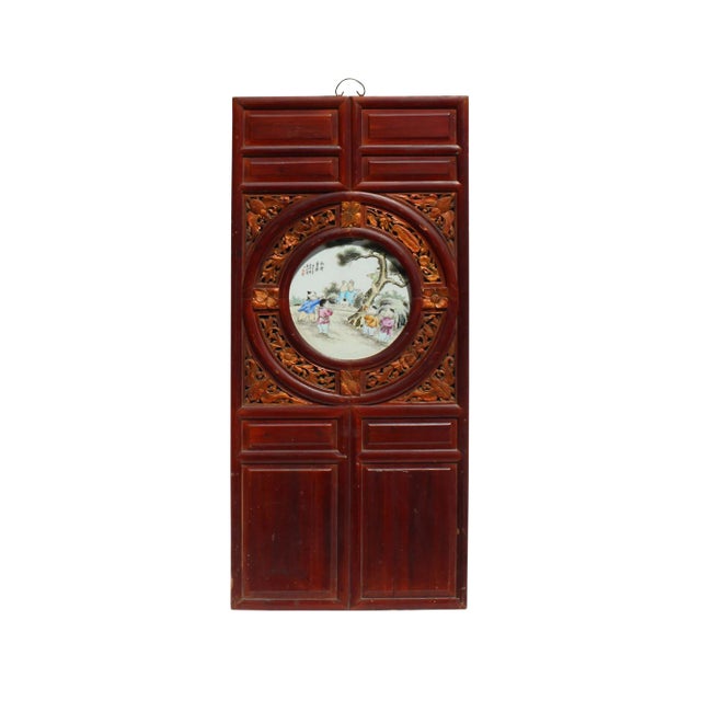 Chinese Vintage Round Porcelain Scenery Wood Wall Panel Art For Sale