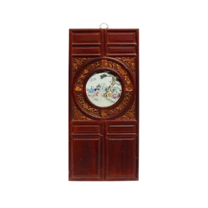 Chinese Vintage Round Porcelain Scenery Wood Wall Panel Art