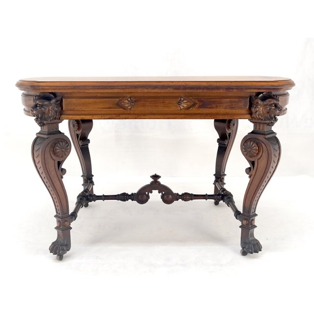 Carved Lion Face & Foot Legs Renaissance Revival Inlaid Walnut Center Table MINT For Sale - Image 9 of 16