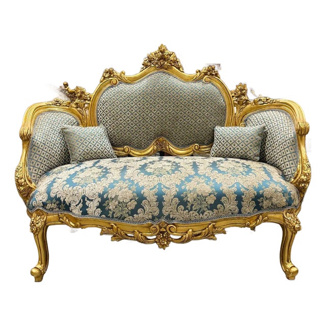 French Style Blue Damask Sofa With Gold Leaf Details For Sale