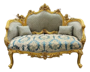 French Style Blue Damask Sofa With Gold Leaf Details