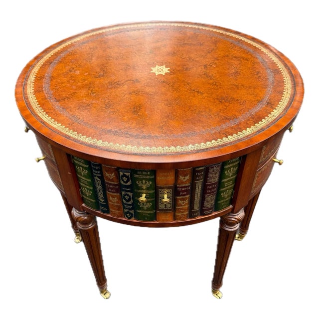 Maitland Smith Embossed Leather Top Table. Leather Bound Faux Books For Sale
