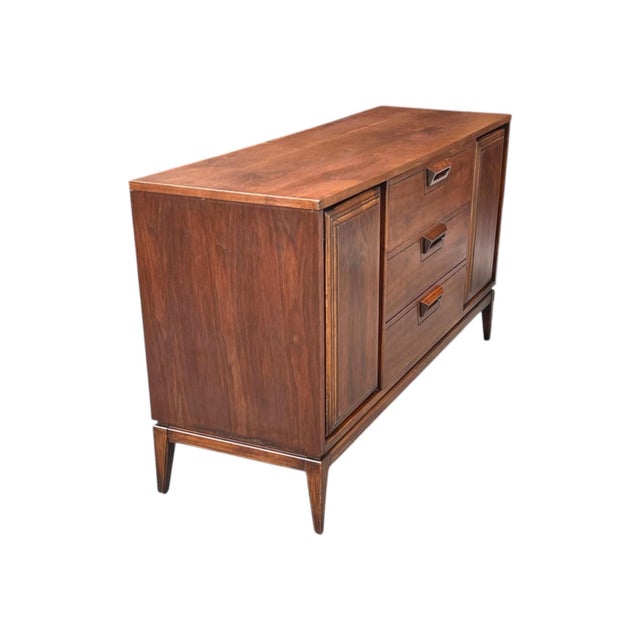 Mid-Century Modern Walnut Buffet With Sculpted Drawer Pulls- Restored For Sale - Image 12 of 13