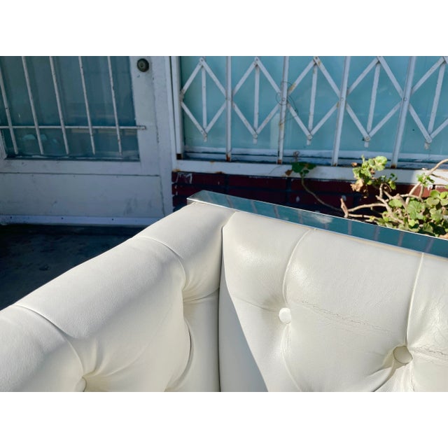 White Vintage Leather and Chrome Chesterfield Sofa Styled After Milo Baughman For Sale - Image 8 of 13