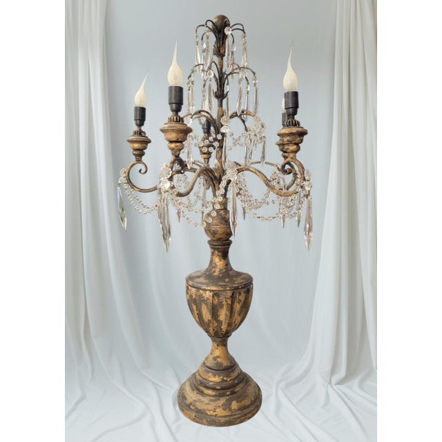 Gold Vintage French Country Gilt Candelabra Urn 5 Light Table Lamp With Crystal Prisms For Sale - Image 8 of 12