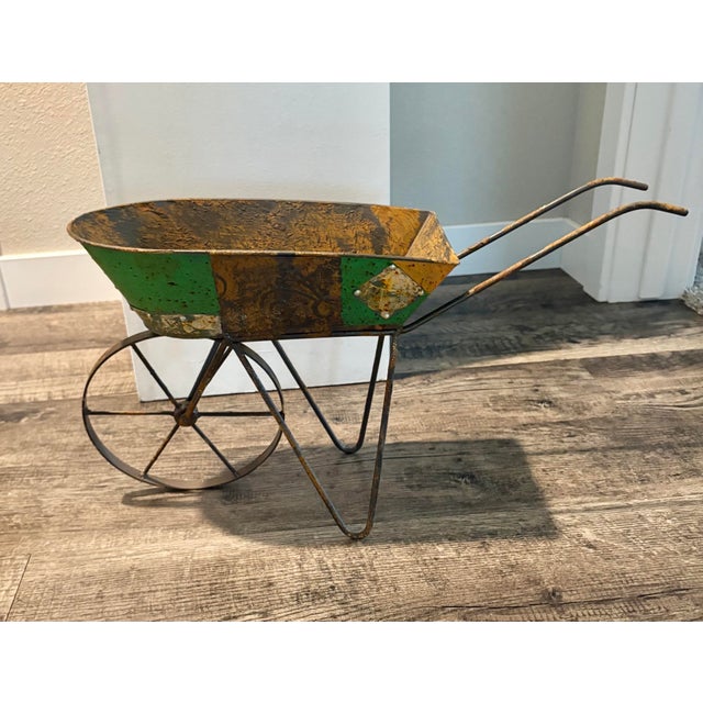 Metal Small Rustic Reclaimed Painted Metal Wheelbarrow in Green, 10.5” X 18.5” For Sale - Image 7 of 9