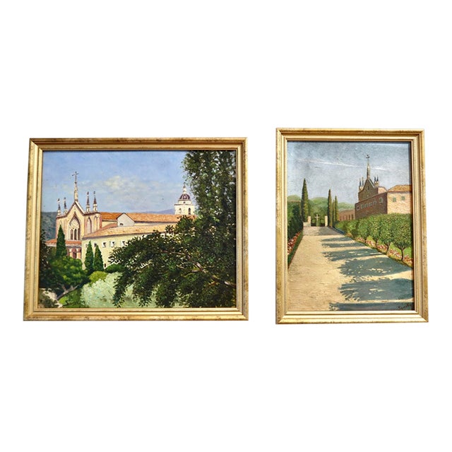 Pair of Antique French Oil Paintings on Board — Signed Sansky, Monastère De Cimiez, Nice, Circa Early 20th Century For Sale