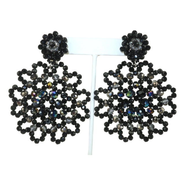 1980's Black Beaded Dangle Earrings, a Pair For Sale